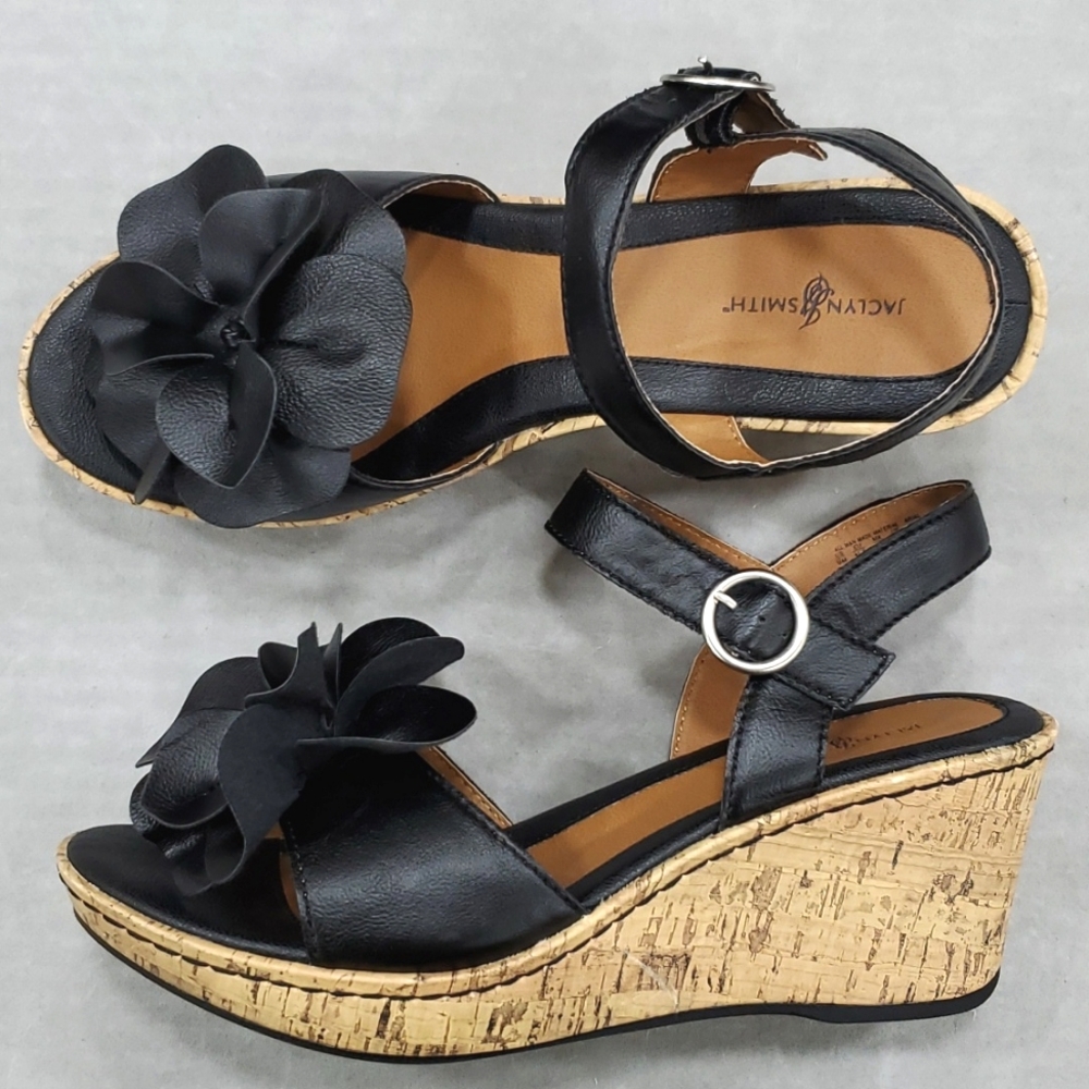 Jaclyn Smith sandals women's size 9 black flower cork wedge whimsigoth
